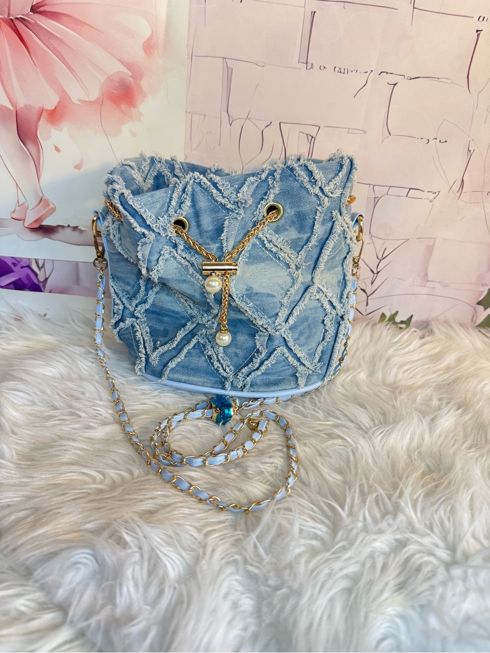 Denim Bucket Crossbody Bag with Pearl Drawstring - Light Blue